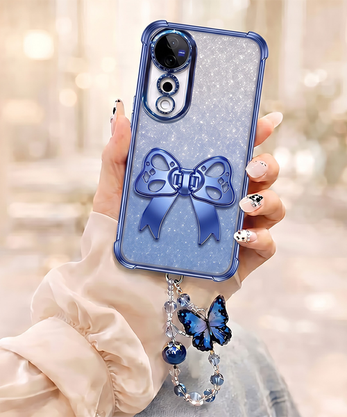 Vivo V40 Pro 5G Luxury Shimmer Airbag Bow Stand Case with Charm Strap
