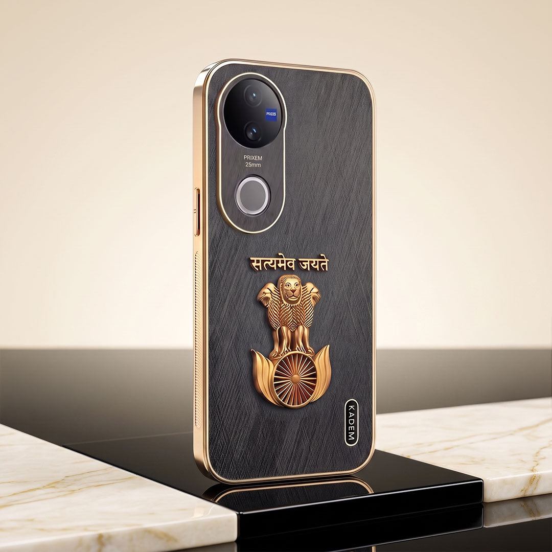 Oppo Reno 14 Satyamev Jayate 3D Electroplated Frame Gold Thread Pattern Hard Back Case