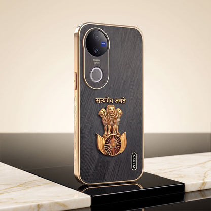 Oppo Reno 14 Satyamev Jayate 3D Electroplated Frame Gold Thread Pattern Hard Back Case