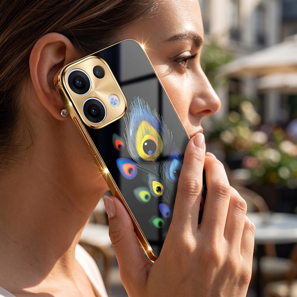 Oppo Reno 13 5G Premium Peacock Feather Gold Electroplated Glass Phone Back Case