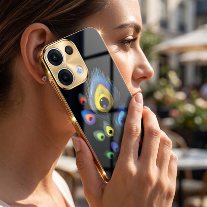 Oppo Reno 13 5G Premium Peacock Feather Gold Electroplated Glass Phone Back Case