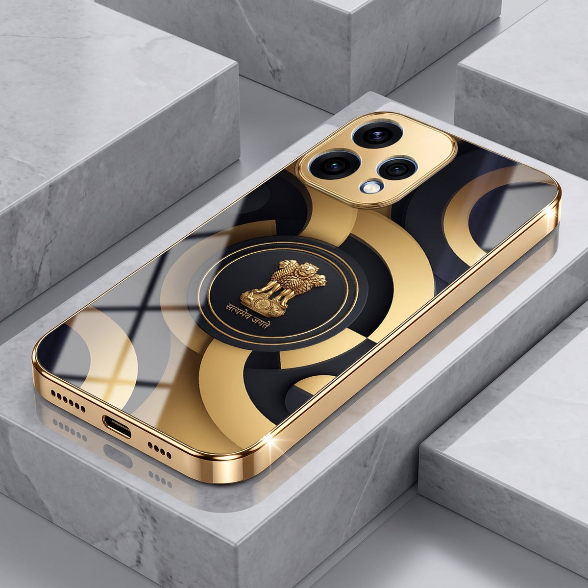 Oppo Reno 15 5G Royal Emblem Gold Electroplated Glass Phone Back Case