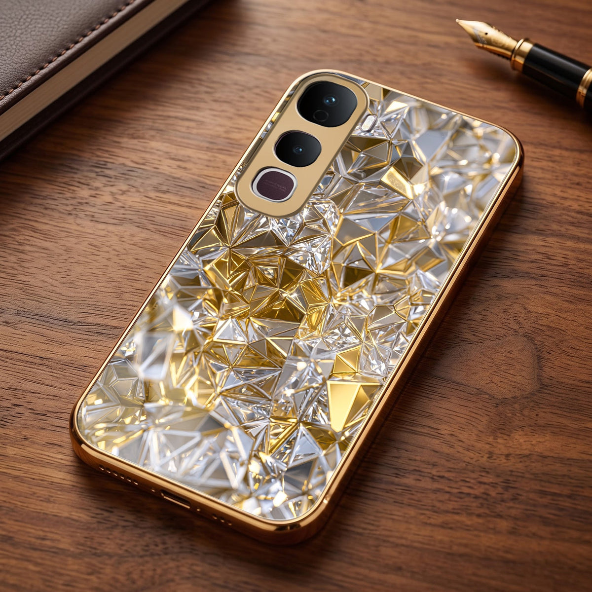 Vivo Y400 Pro 5G White Diamond Shatter Gold Electroplated Glass Phone Back Case