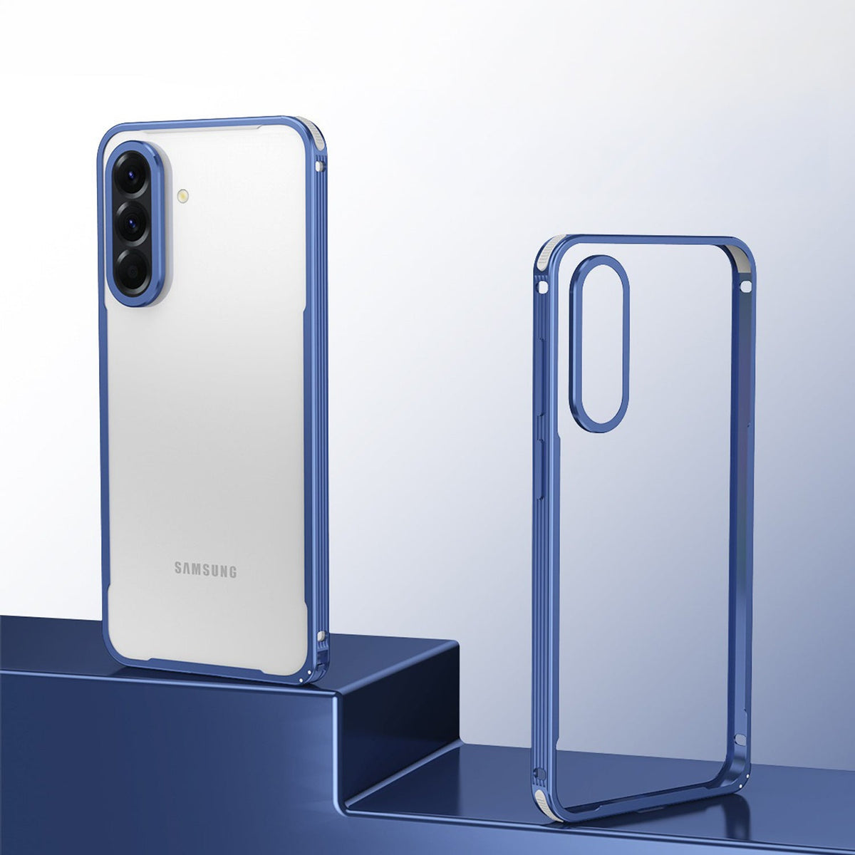 Samsung Galaxy A56 5G phone case with blue border on a light blue background