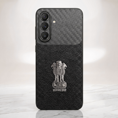 Samsung Galaxy A27 5G Satyamev Jayate Carbon Fiber Leather Hybrid Phone Case