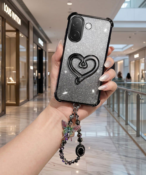 Vivo V60e 5G Luxury Shimmer Airbag Heart Stand Case with Charm Strap