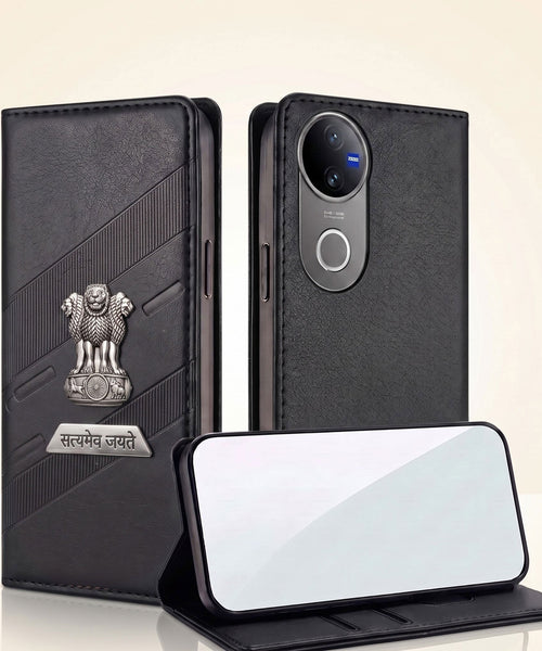 Vivo V50 5G Metal Satyamev Jayate 2-in-1 Emblem Magnetic Flip Wallet Case