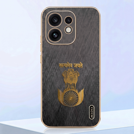 Oppo Reno 16 5G Satyamev Jayate 3D Electroplated Frame Gold Thread Pattern Hard Back Case
