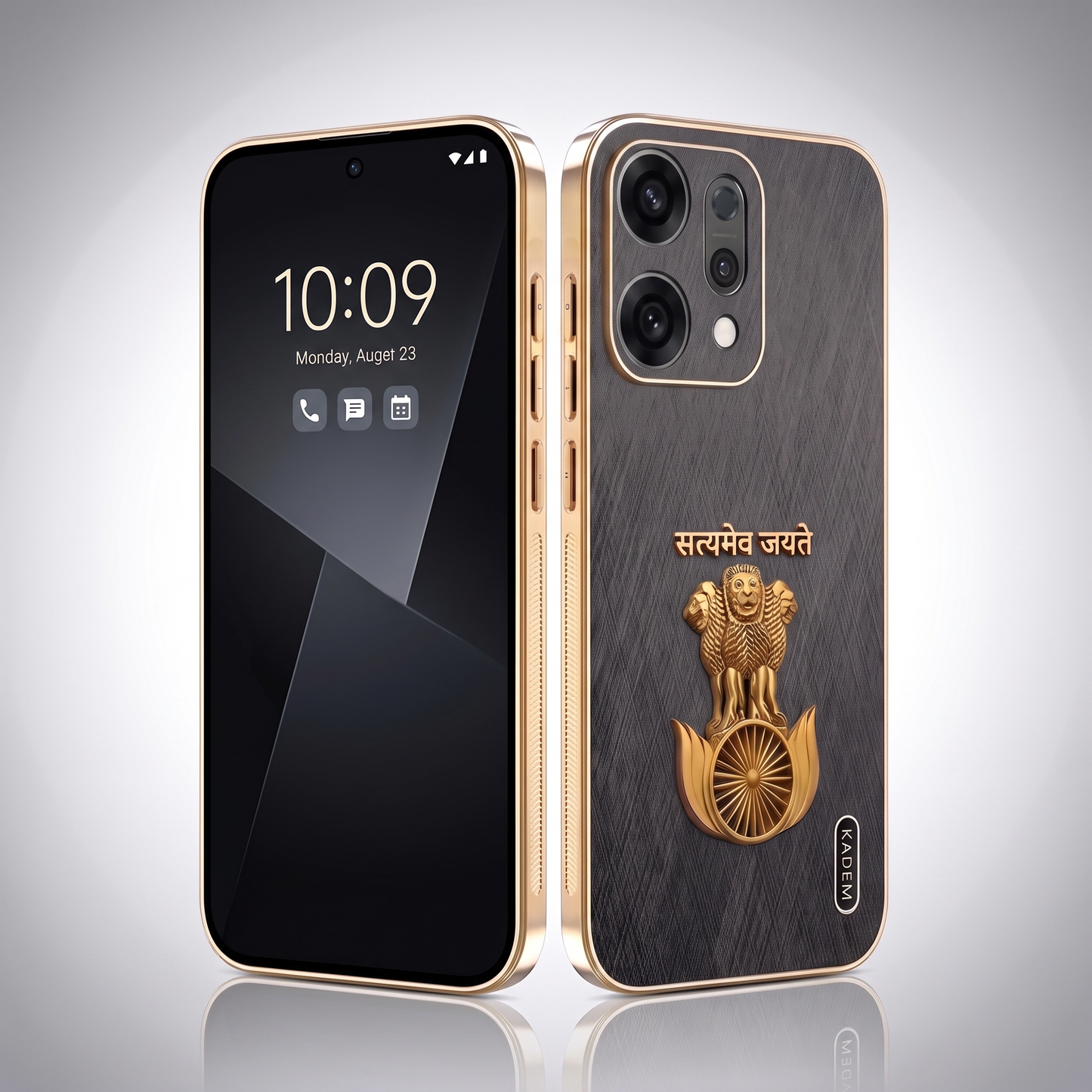 Oppo Reno 14 Satyamev Jayate 3D Electroplated Frame Gold Thread Pattern Hard Back Case