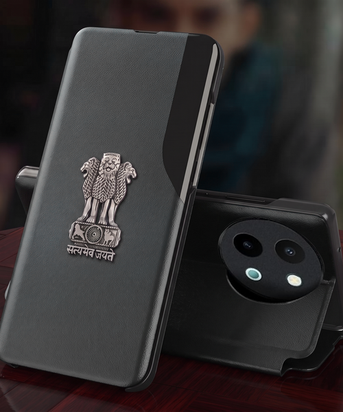 Vivo Y58 5G Metal Emblem Satyamev Jayate Half Window Leather Flip Case