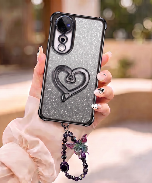 Vivo V40 Pro 5G Luxury Shimmer Airbag Heart Stand Case with Charm Strap