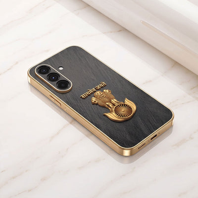 Samsung Galaxy A36 5G Satyamev Jayate 3D Electroplated Frame Gold Thread Pattern Hard Back Case