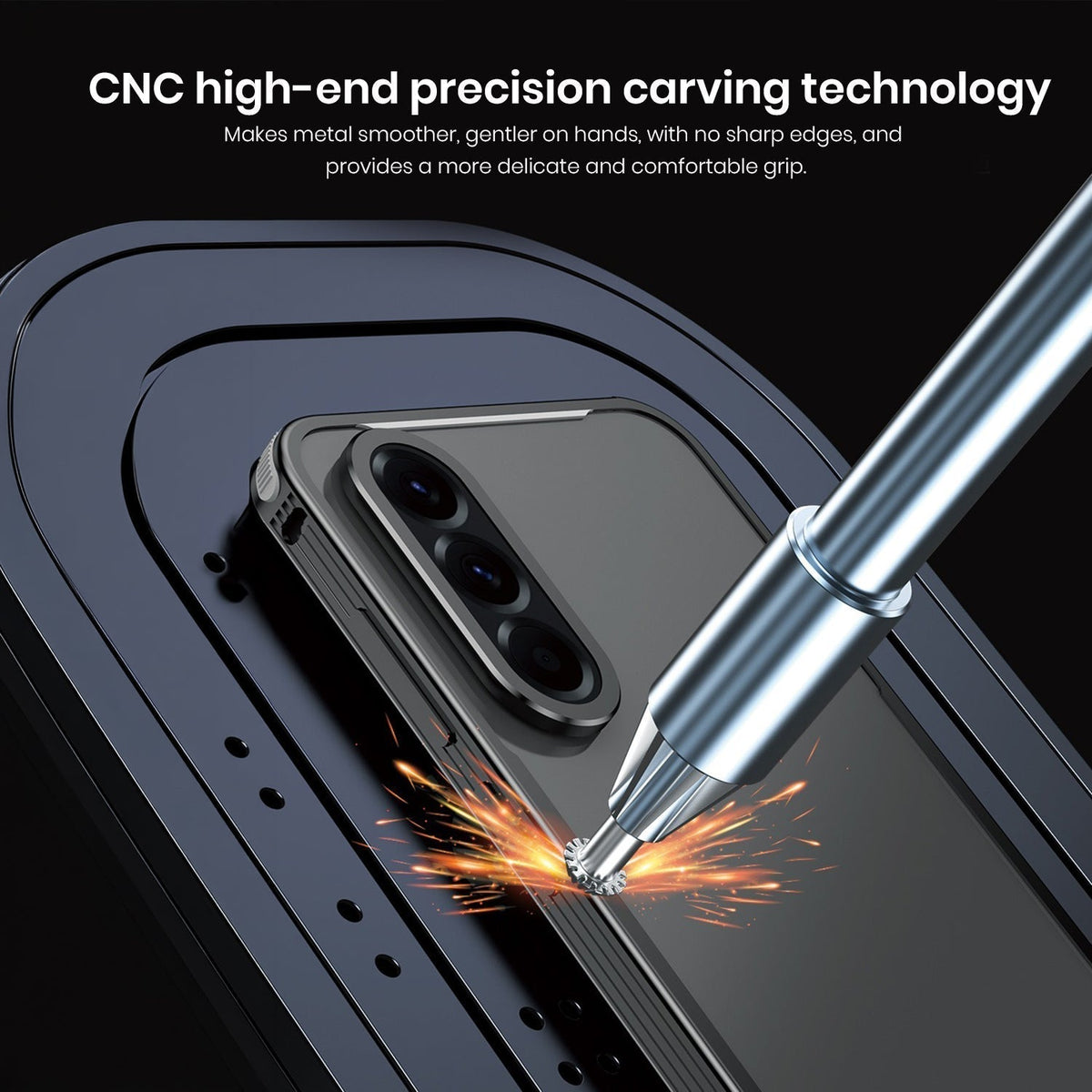 Samsung Galaxy A56 5G Phone case being crafted with CNC high-end precision carving technology, showing metal smoothing process.