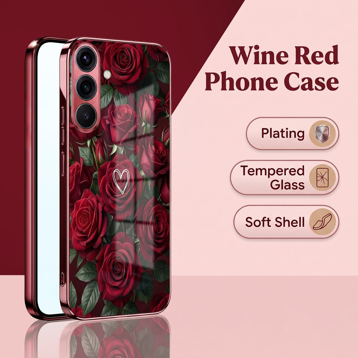 Samsung Galaxy A56 5G Rose Heart Burgundy Electroplated Glass Back Case