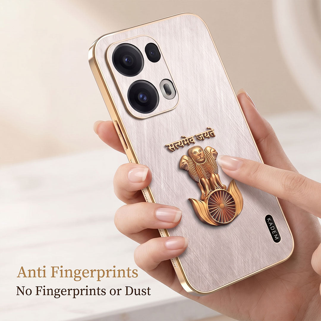 Oppo Reno 13 Satyamev Jayate 3D Electroplated Frame Gold Thread Pattern Hard Back Case