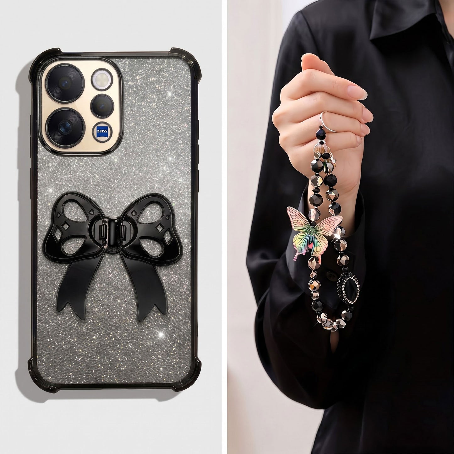 Vivo V70 5G Luxury Shimmer Airbag Bow Stand Case with Charm Strap