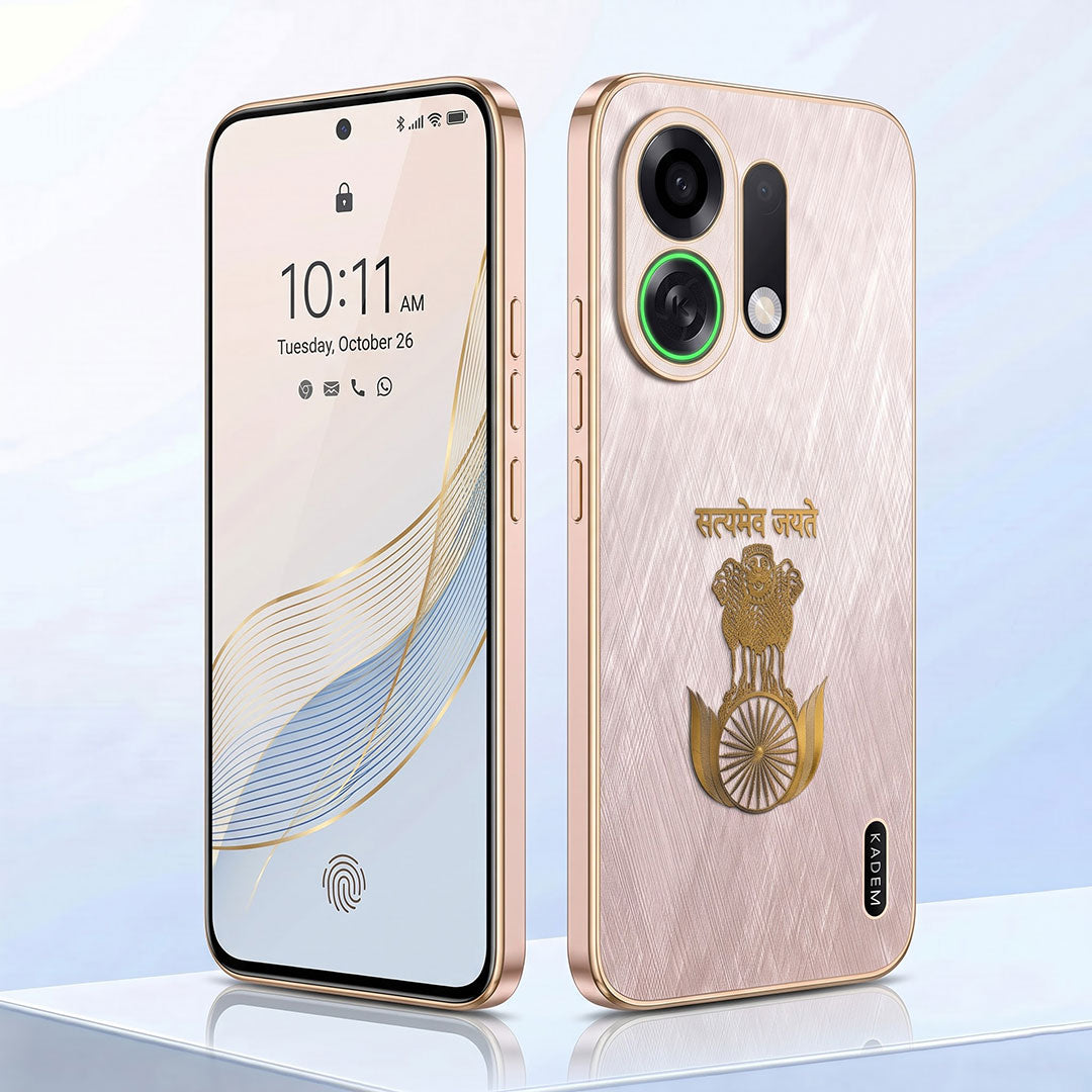 Oppo K13 Turbo 5G Satyamev Jayate 3D Electroplated Frame Gold Thread Pattern Hard Back Case