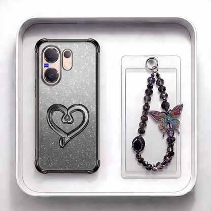 Vivo V60 5G Luxury Shimmer Airbag Heart Stand Case with Charm Strap