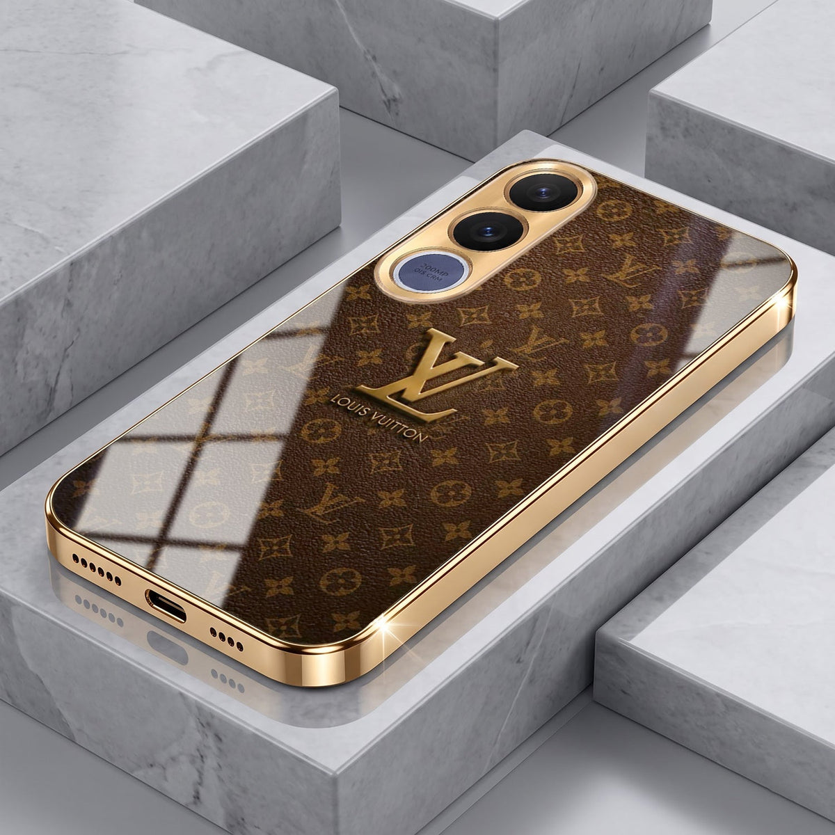 Vivo V70 FE 5G LV Brown Monogram Gold Electroplated Glass Phone Back Case