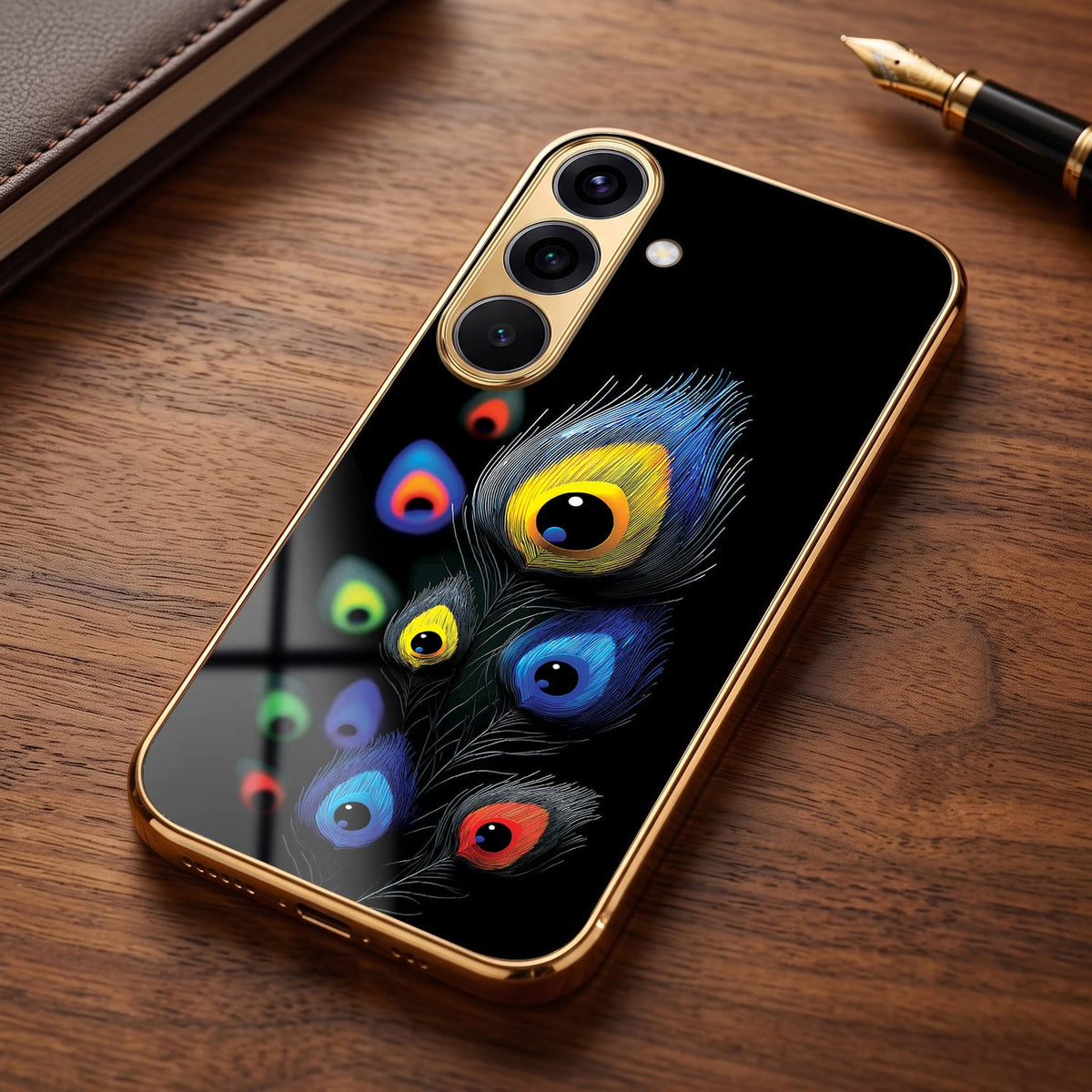 Samsung Galaxy A36 5G Premium Peacock Feather Gold Electroplated Glass Phone Back Case