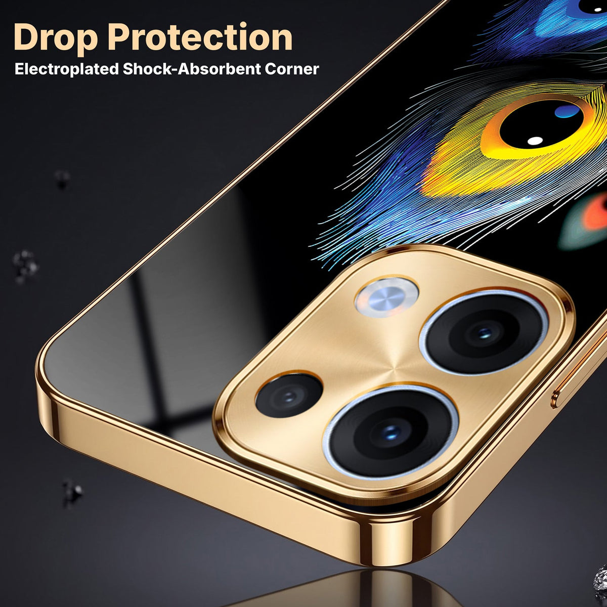 Oppo Reno 13 5G Premium Peacock Feather Gold Electroplated Glass Phone Back Case