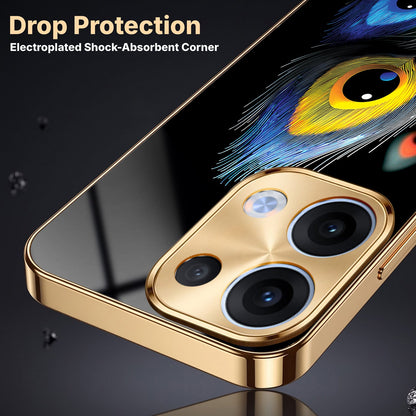 Oppo Reno 13 5G Premium Peacock Feather Gold Electroplated Glass Phone Back Case