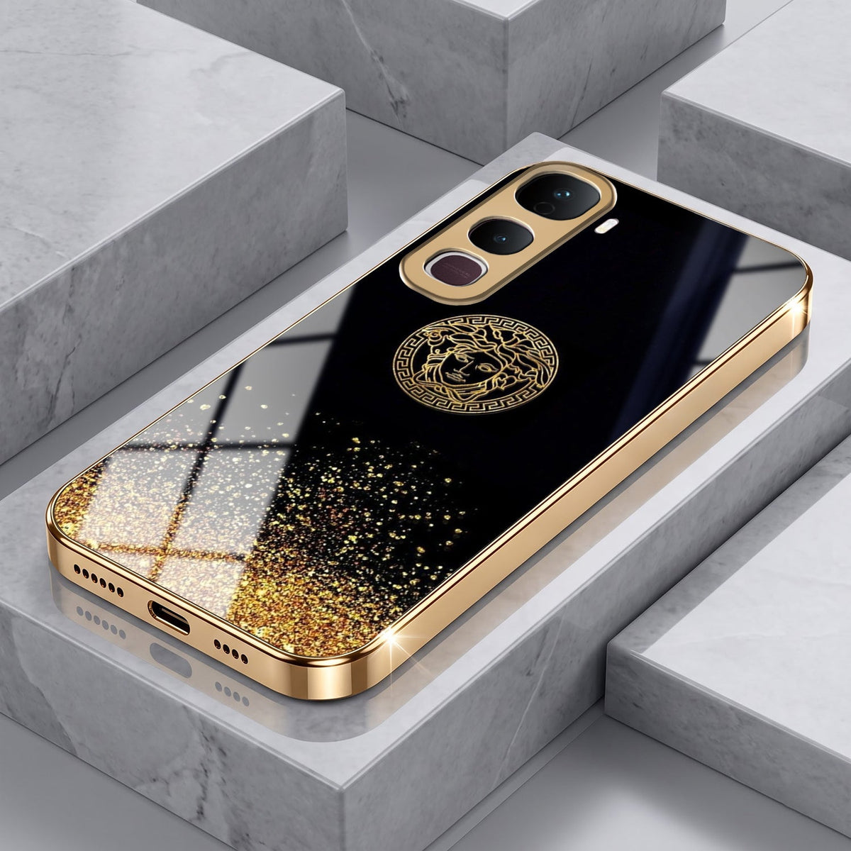 Vivo Y400 Pro 5G Medusa Head Gold Electroplated Glass Phone Back Case