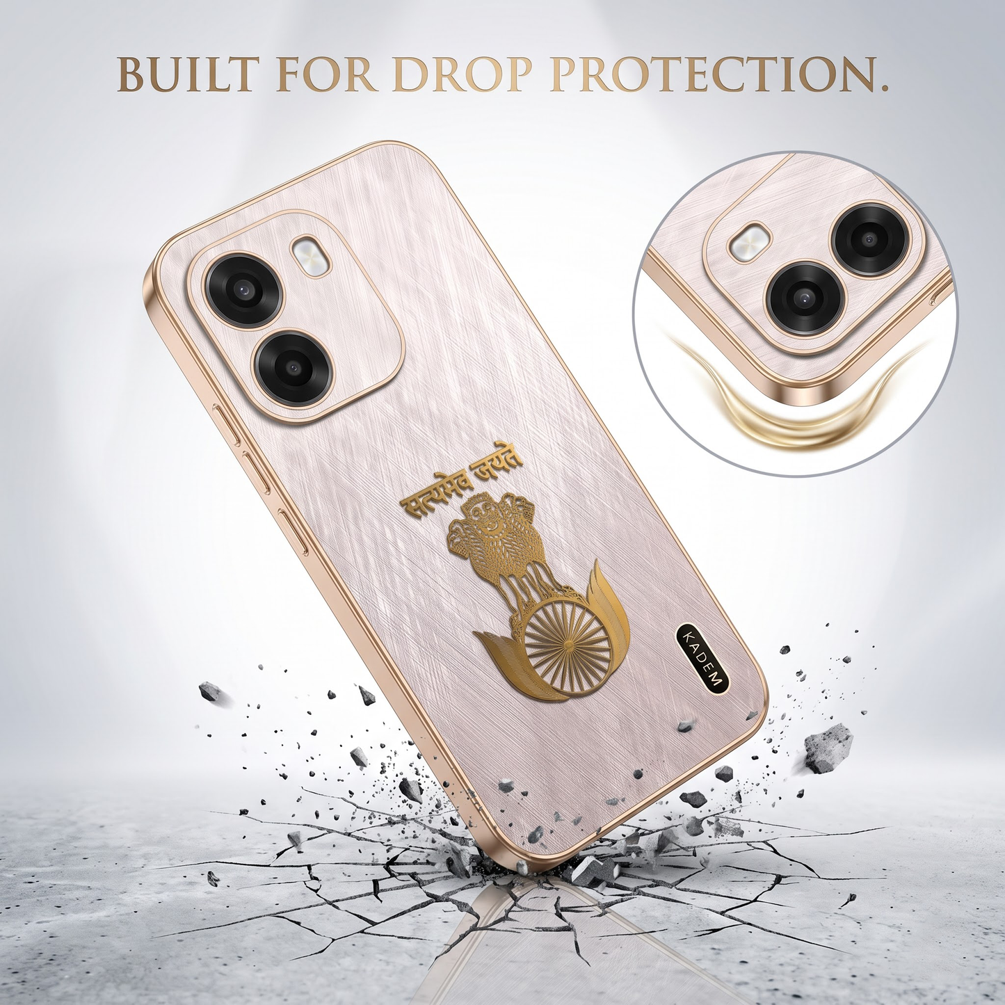 Oppo K14 5G Satyamev Jayate 3D Electroplated Frame Gold Thread Pattern Hard Back Case