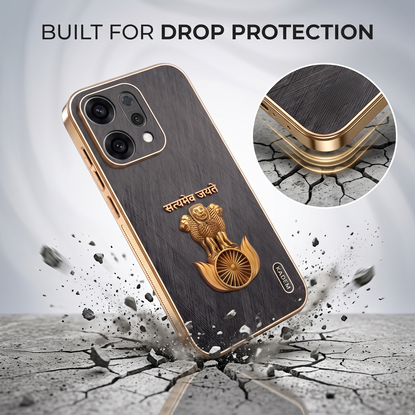 Oppo Reno 14 Satyamev Jayate 3D Electroplated Frame Gold Thread Pattern Hard Back Case
