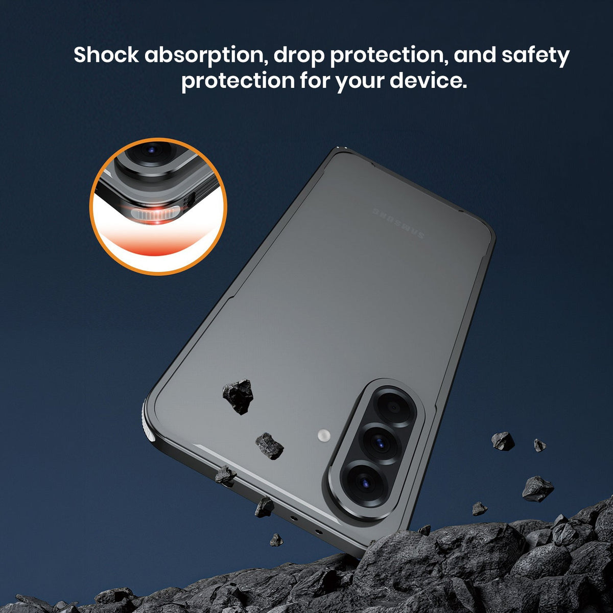 Samsung Galaxy A56 5G Phone case with shock absorption and drop protection features on a rocky surface.