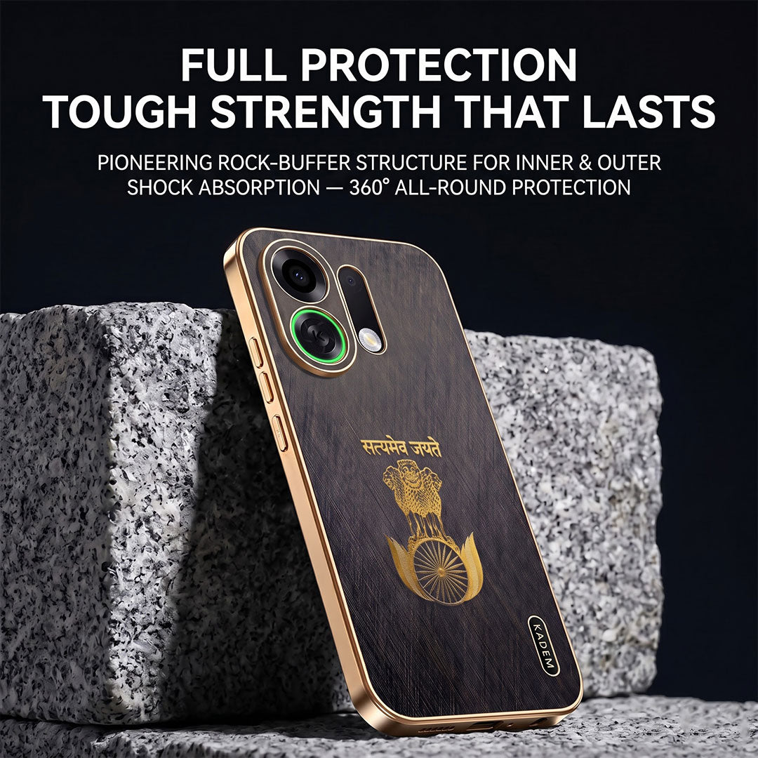 Oppo K13 Turbo 5G Satyamev Jayate 3D Electroplated Frame Gold Thread Pattern Hard Back Case