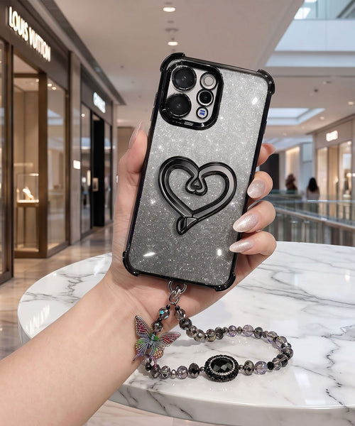 Vivo V70 5G Luxury Shimmer Airbag Heart Stand Case with Charm Strap