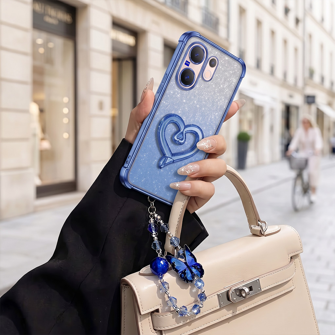 Vivo V60 5G Luxury Shimmer Airbag Heart Stand Case with Charm Strap