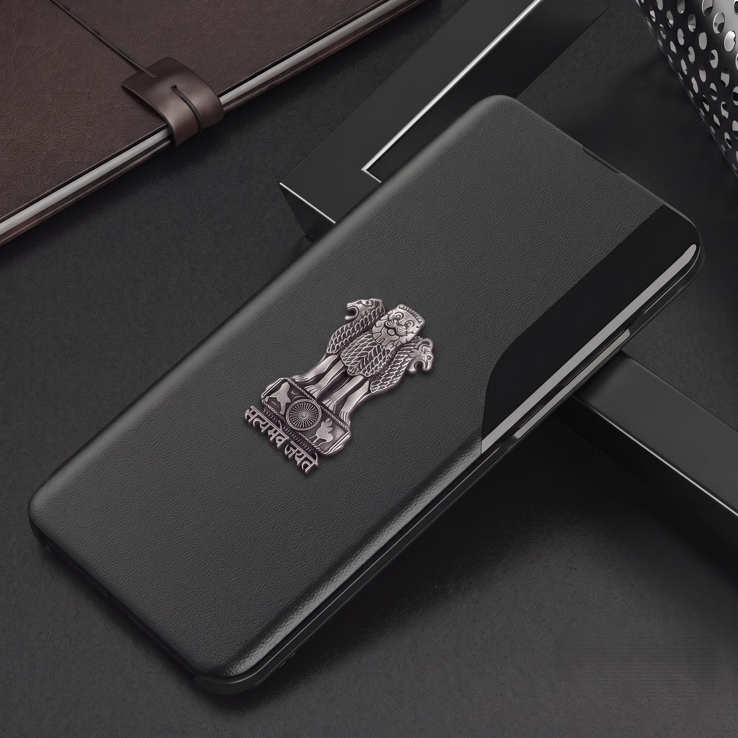 Vivo Y58 5G Metal Emblem Satyamev Jayate Half Window Leather Flip Case