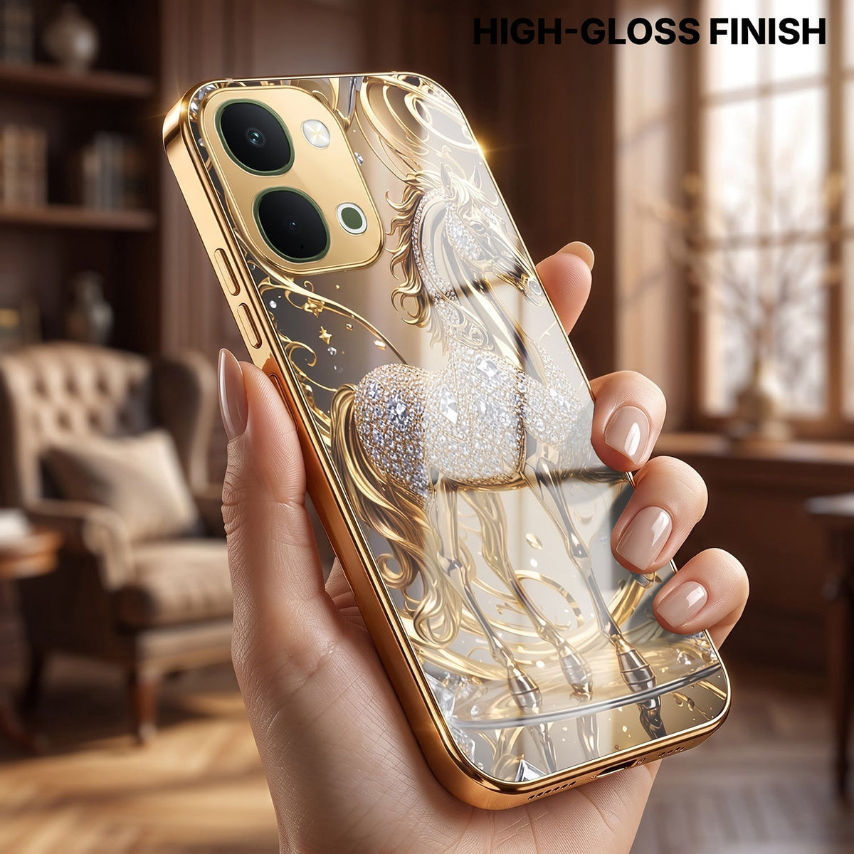 Vivo Y51 Pro 5G Luxury Horse Texture Gold Electroplated Glass Phone Back Case