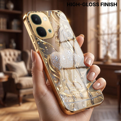Vivo Y51 Pro 5G Luxury Horse Texture Gold Electroplated Glass Phone Back Case