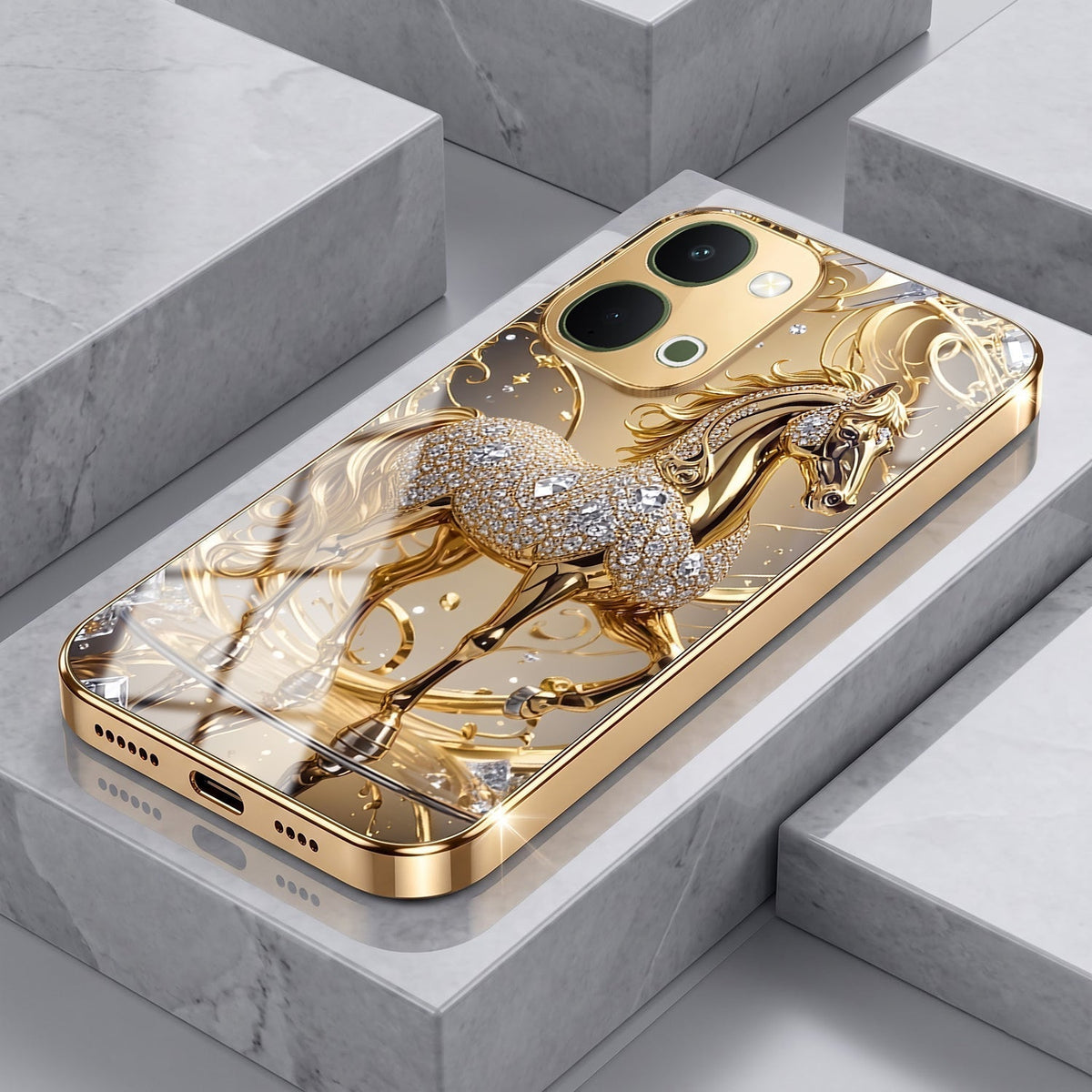 Vivo Y51 Pro 5G Luxury Horse Texture Gold Electroplated Glass Phone Back Case