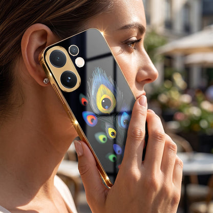 Vivo V60e 5G Multi-Feather Peacock Gold Electroplated Glass Phone Back Case