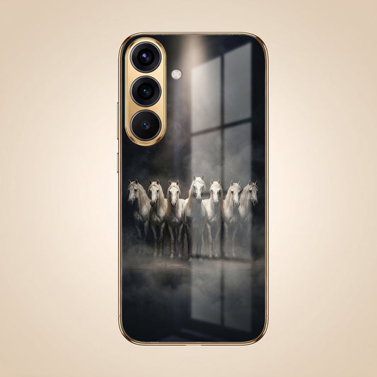 Samsung Galaxy S26 5G Running Horses Gold Electroplated Glass Phone Back Case