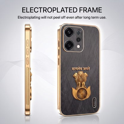 Oppo Reno 14 Satyamev Jayate 3D Electroplated Frame Gold Thread Pattern Hard Back Case