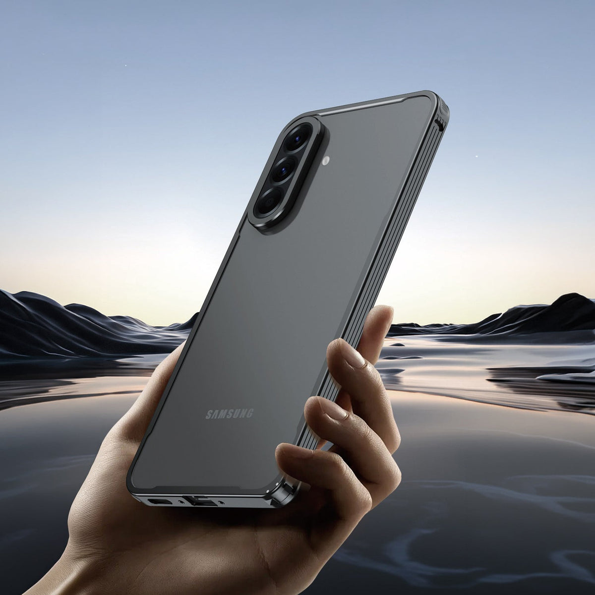 Samsung Galaxy A56 5G Hand holding a Samsung smartphone with a scenic background
