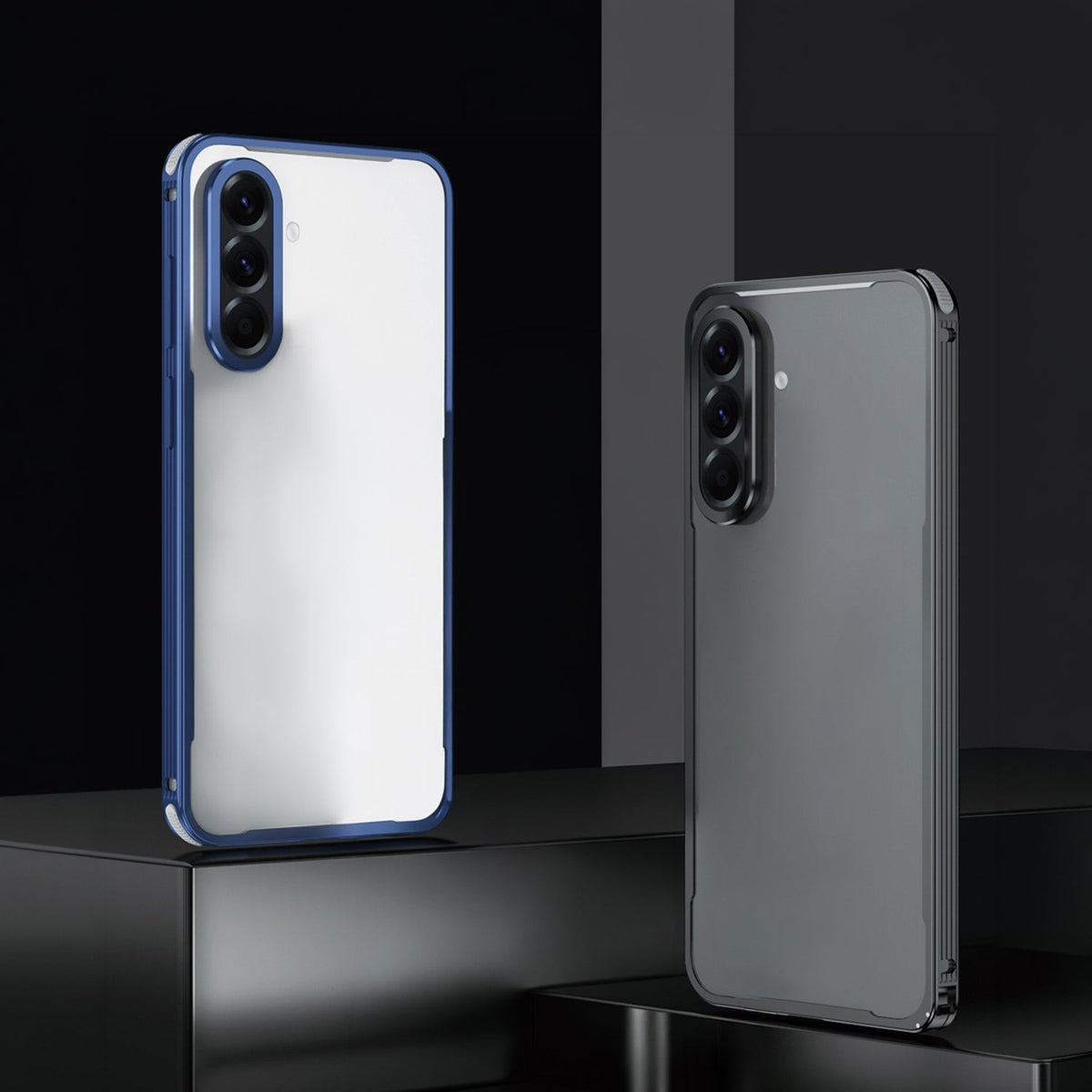 Samsung Galaxy A56 5G Two phone cases, one blue and clear, the other transparent, on a black reflective surface.