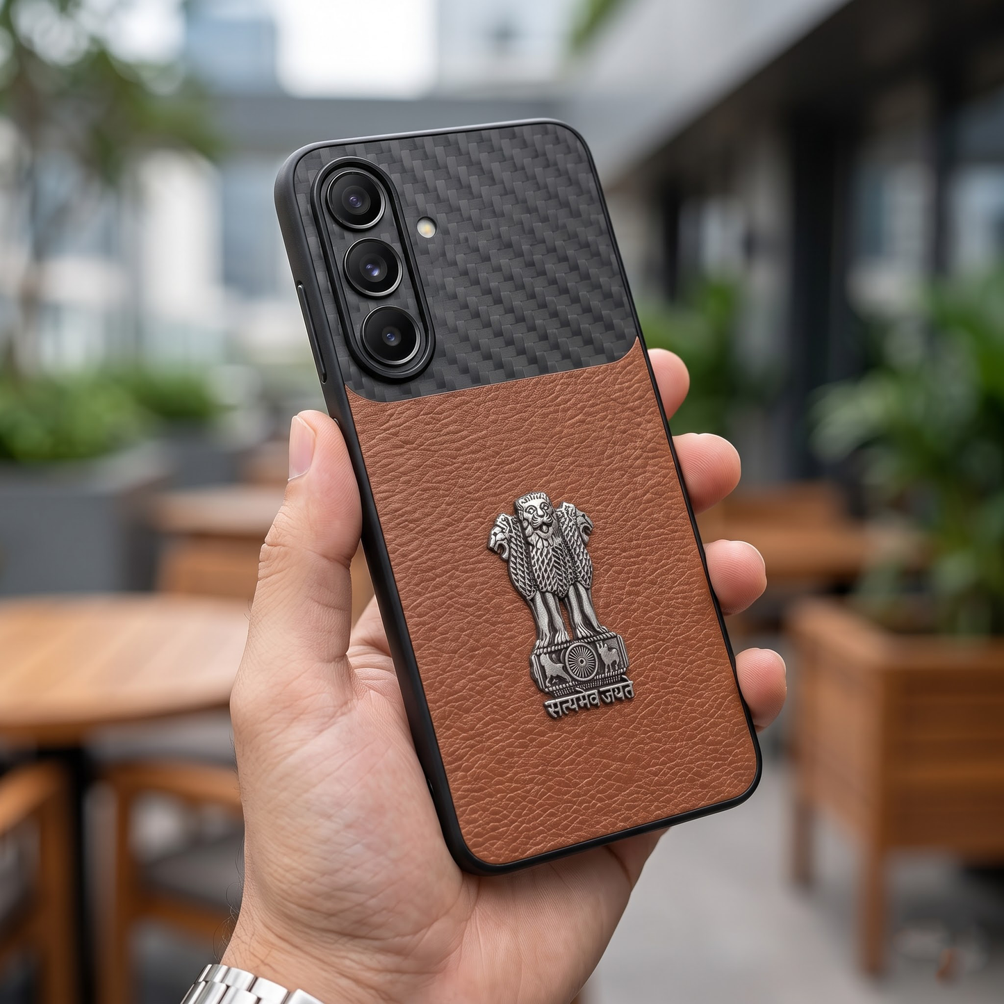 Samsung Galaxy A57 5G Satyamev Jayate Carbon Fiber Leather Hybrid Phone Case
