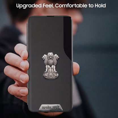 Motorola Edge 50 Pro 5G Metal Satyamev Jayate 2-in-1 Emblem Half-Window Leather Flip Case