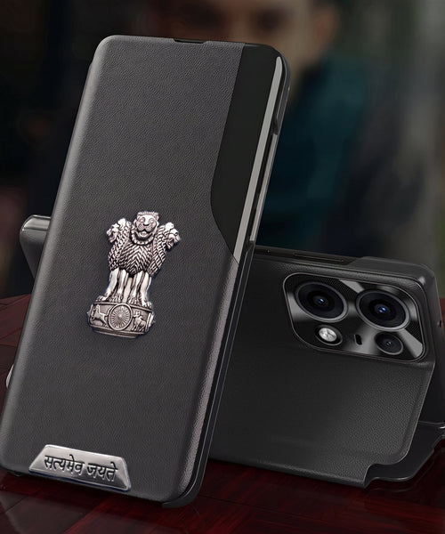 Motorola Edge 50 Pro 5G Metal Satyamev Jayate 2-in-1 Emblem Half-Window Leather Flip Case