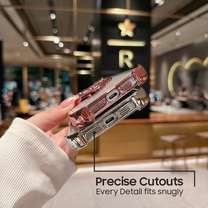 Phone case with camera lens design held by a hand on a wooden surface