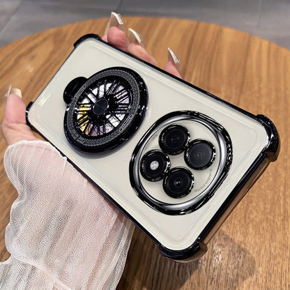 Phone case with camera lens design held by a person on a wooden surface