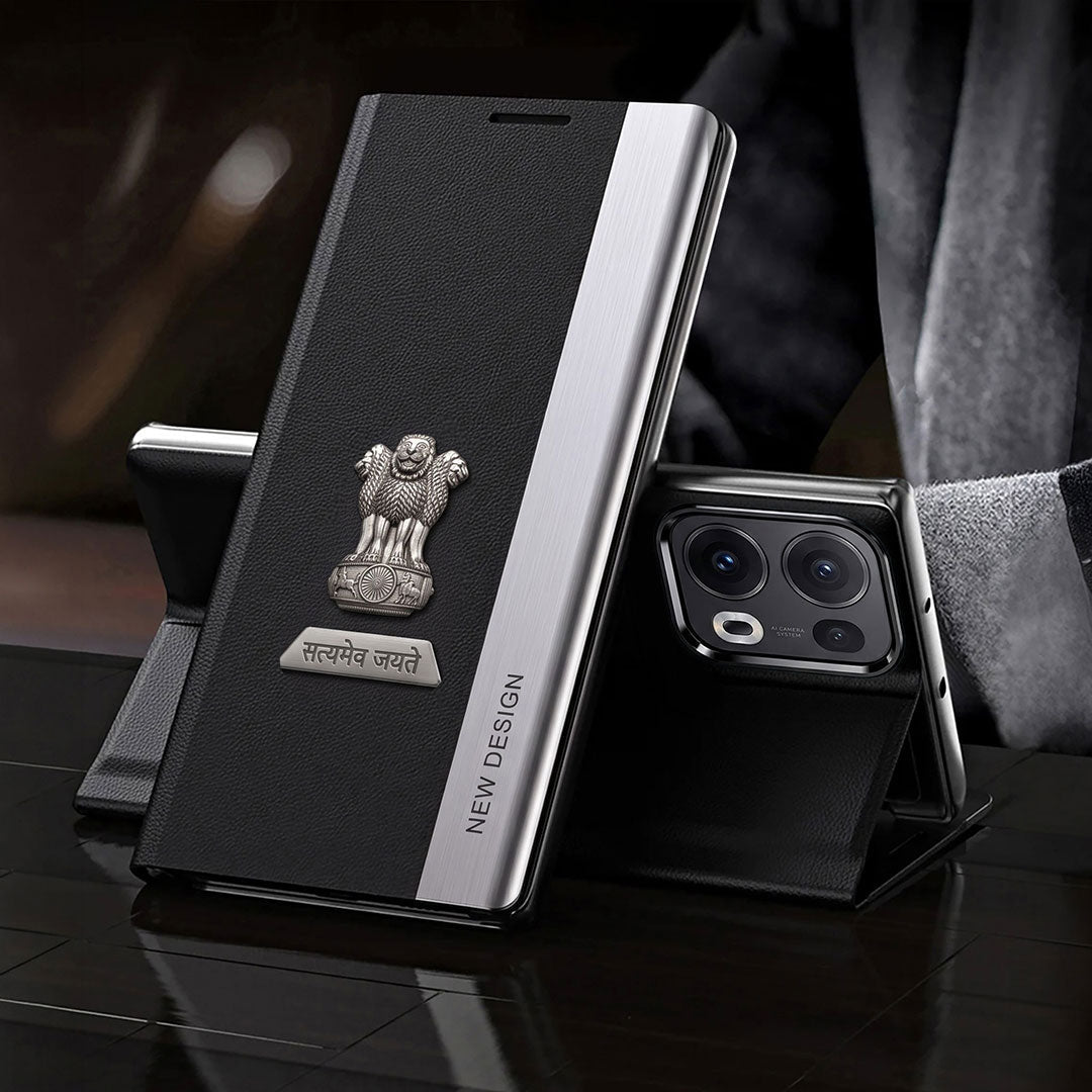 Oppo Reno 13 Pro 5G Satyamev Jayate Metal Emblems Flip Leather Case