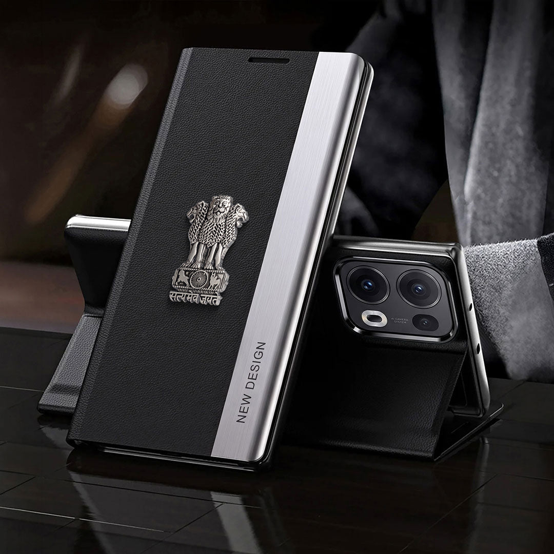 Oppo Reno 13 Pro 5G Satyamev Jayate Metal Emblems Flip Leather Case