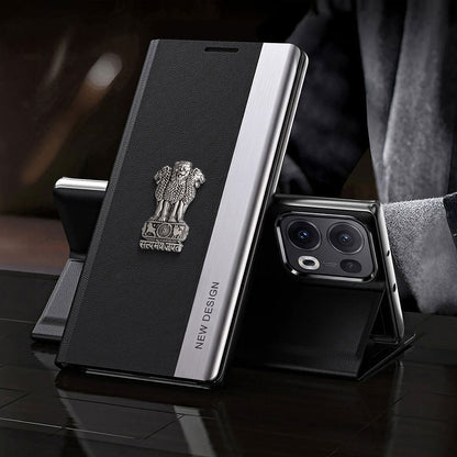 Oppo Reno 13 Pro 5G Satyamev Jayate Metal Emblems Flip Leather Case